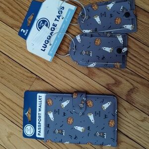2pc Passport Holder +Luggage Tags Halloween Pets Life Is Good Grey Nwt